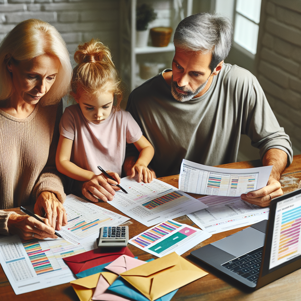 High resolution photograph showing German family reviewing monthly expenses with printed worksheets, color coded envelopes, and open laptop displaying expense overview dashboard.