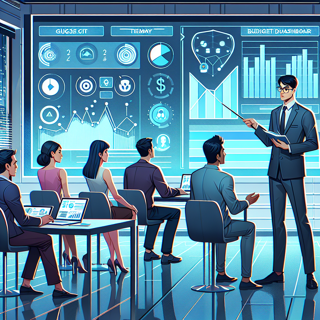 Illustration of professional budget coach presenting layered financial dashboards, goal markers, and timeline charts to a small audience in a modern workspace.