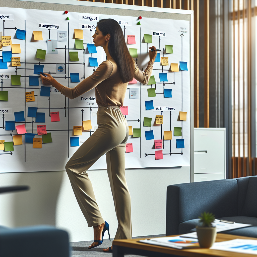 Detailed image showing a facilitator mapping budgeting processes with sticky notes, color coded timelines, and action items on a large planning board in a modern office.