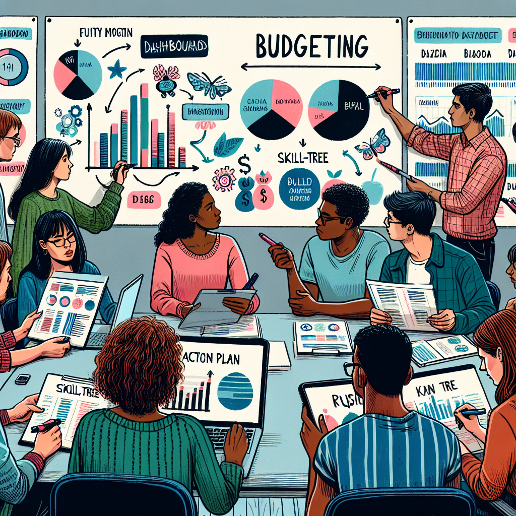 Photograph capturing a budgeting workshop where participants review dashboards, annotate skill-tree posters, and discuss action plans with a facilitator.