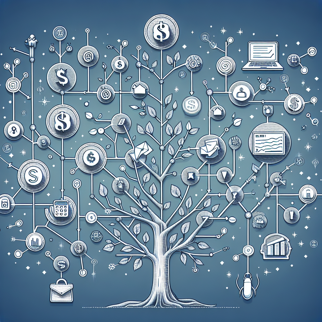 Detailed digital illustration showing overlapping budget branches, goal icons, and progress markers representing a strategic skill-tree focused on personal finance mastery.