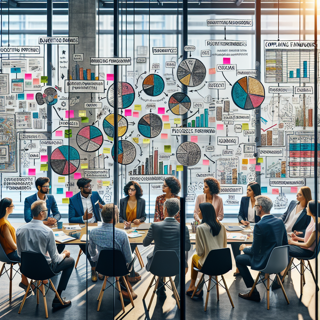 Photograph of Munich-based consultants collaborating around budgeting frameworks, highlighting sticky notes, process diagrams, and compliance checklists on a glass wall.